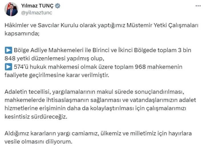 Adalet Bakanı Tunç: "Toplam 968 yeni mahkeme kuruluyor"
