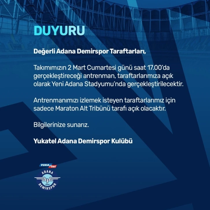 Adana Demirspor antrenmanı taraftara açık olacak
