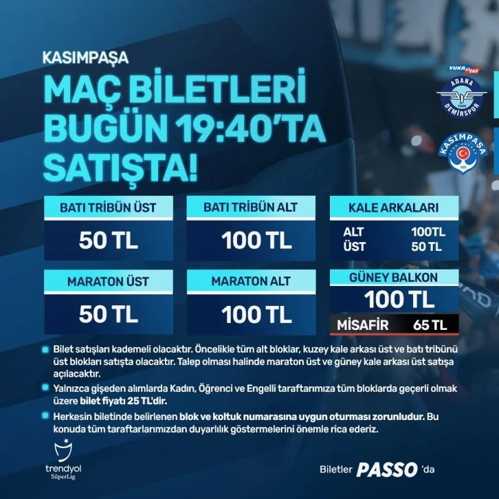 Adana Demirspor - Kasımpaşa maçının biletleri satışta
