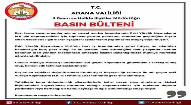 Adana Valiliğinden gözaltına alınan kaymakam ile ilgili açıklama