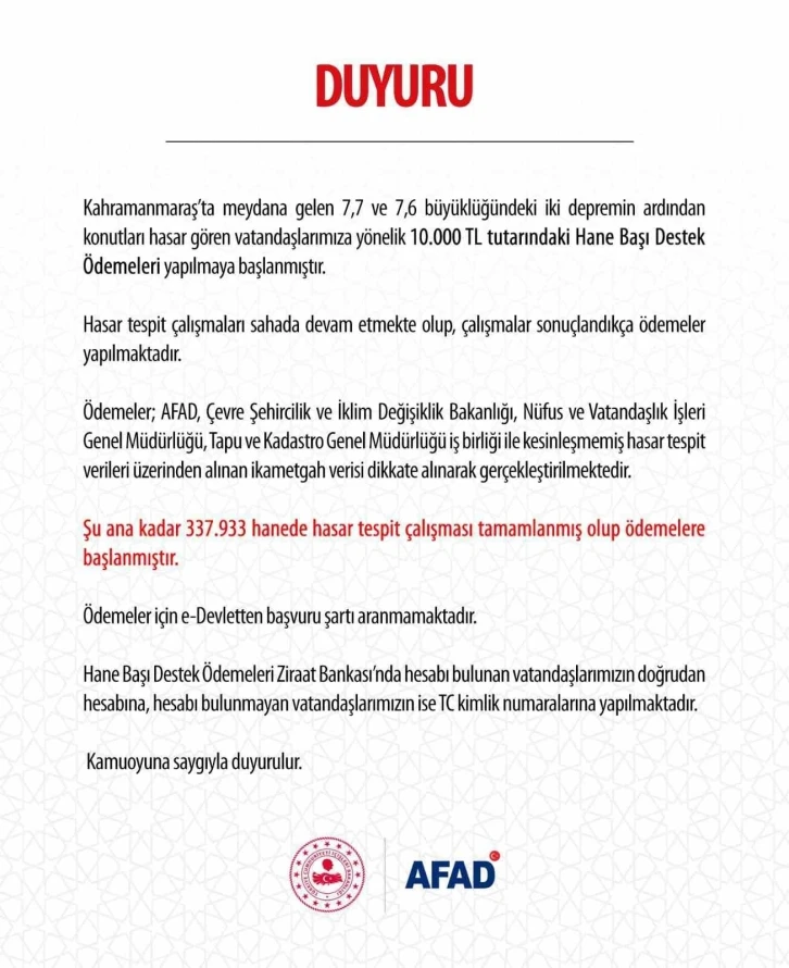 AFAD, konutları hasar gören depremzedelere 10 bin lira destek ödemesi başlatıldığını duyurdu
