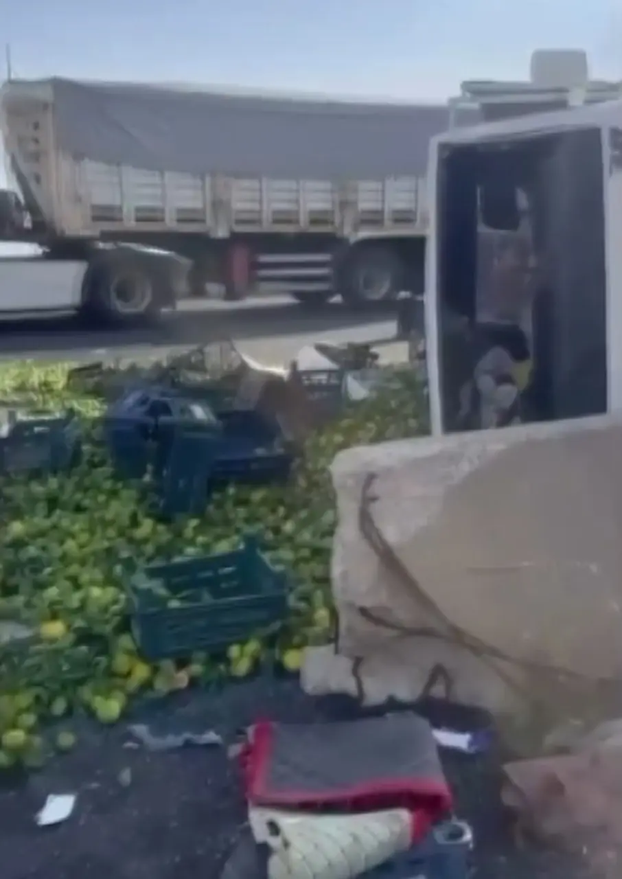 Nurdağı’nda mandalina taşıyan kamyon viyadükte devrildi
