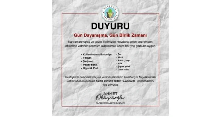 Alaşehir Belediyesi depremzedeler için yardım kampanyası başlattı