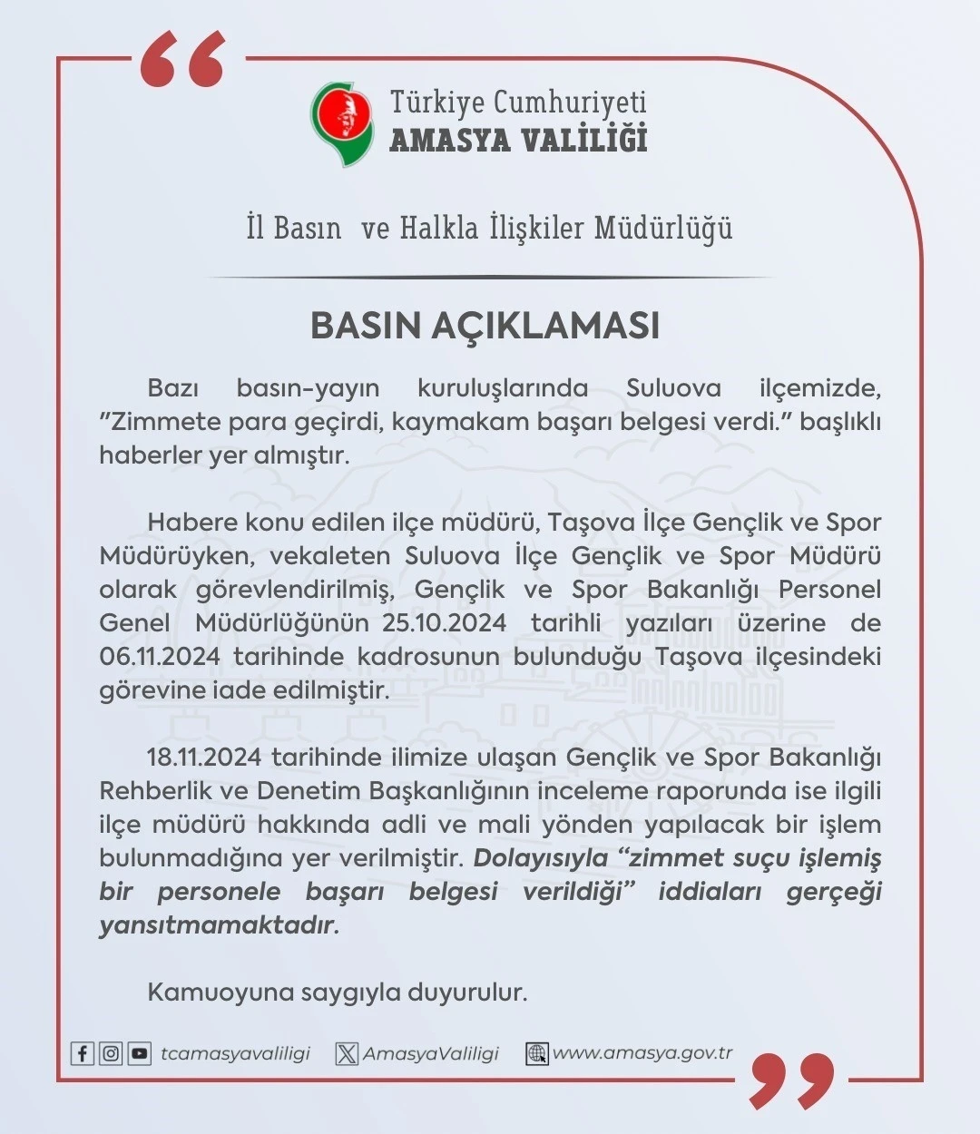 Amasya Valiliği’nden ’zimmet’ açıklaması
