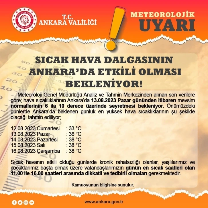 Ankara Valiliğinden sıcak havalar nedeniyle meteorolojik uyarı
