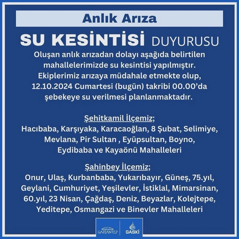 Anlık Su Kesintisi Bilgilendirmesi