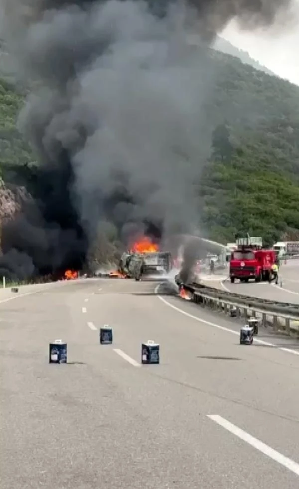 Antalya'da devrilen boya ve tiner yüklü TIR, alev alev yandı