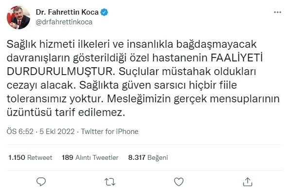 Bakan Koca açıkladı: Hastanenin faaliyeti durduruldu
