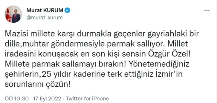 Bakan Kurum’dan CHP’li Özgür Özel’e yanıt: "Millete parmak sallamayı bırakın"
