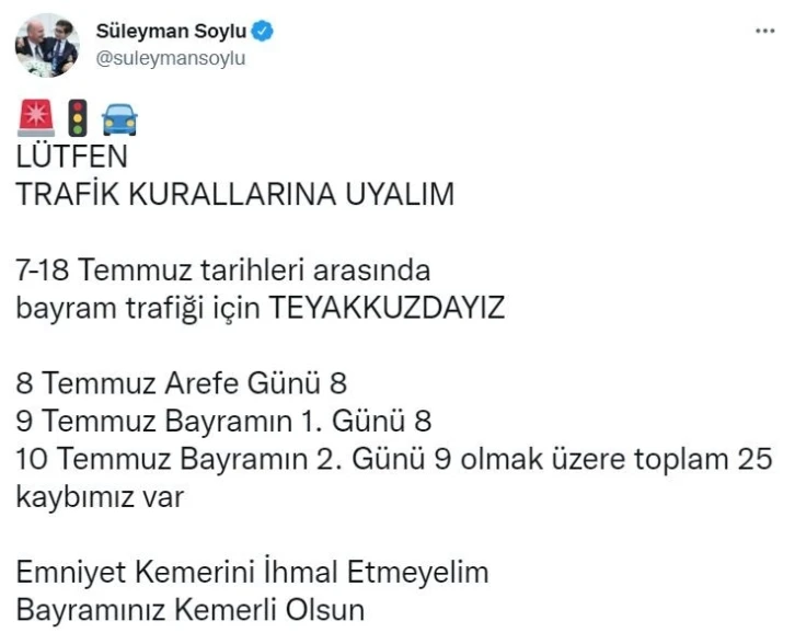 Bakan Soylu: “7-18 Temmuz tarihleri arasında bayram trafiği için teyakkuzdayız”
