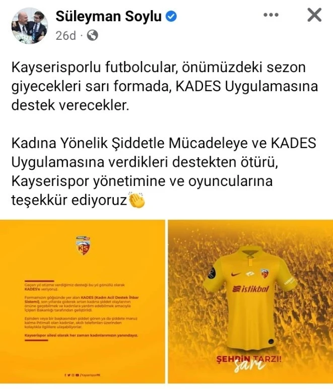 Bakan Soylu’dan, Kayserispor’a ’KADES’ teşekkürü
