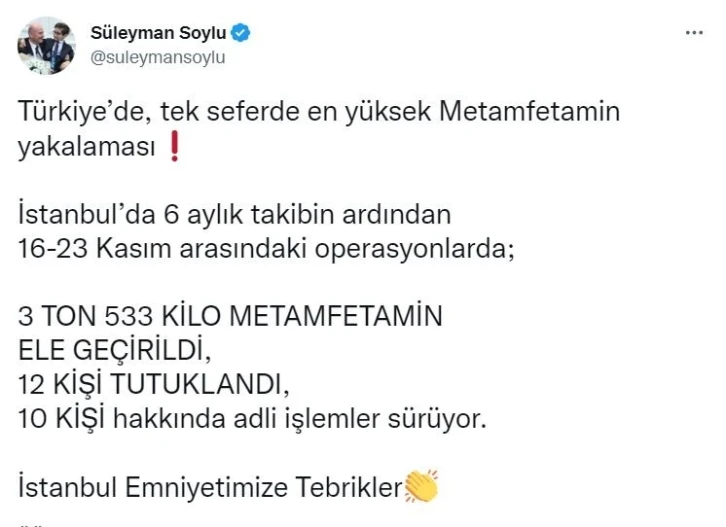 Bakan Soylu duyurdu: Türkiye’de tek seferdeki en fazla miktardaki metamfetamin yakalanması gerçekleştirildi
