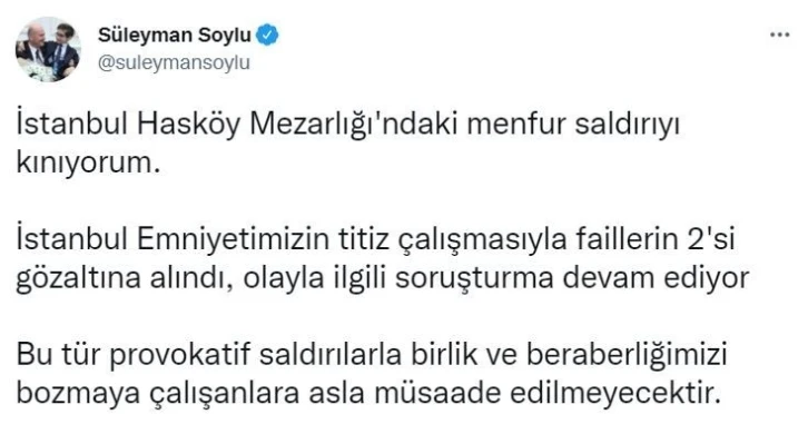 Bakan Soylu, İstanbul Hasköy Mezarlığı’na yapılan saldırıyla ilgili 2 kişinin gözaltına alındığını duyurdu
