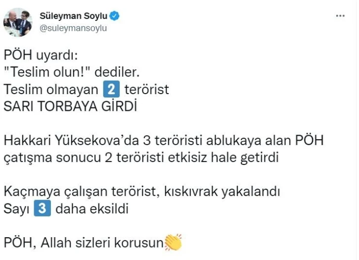 Bakan Soylu: “Teslim olmayan 2 terörist sarı torbaya girdi”
