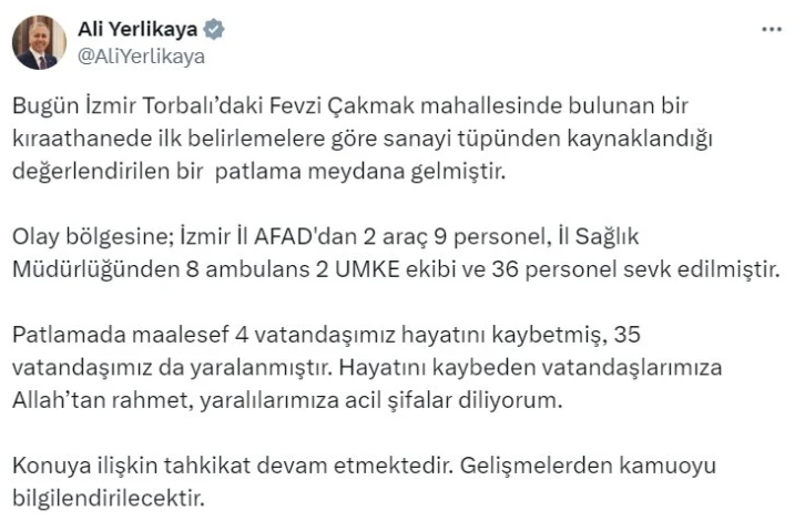 Bakan Yerlikaya: "(İzmir’deki) Patlamada maalesef 4 vatandaşımız hayatını kaybetti"

