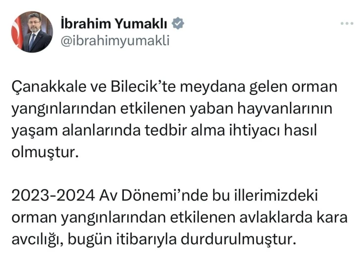 Bakan Yumaklı açıkladı "Orman yangınlarından etkilenen Bilecik’te avlaklarda kara avcılığı durduruldu"
