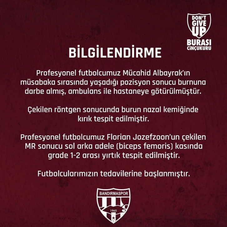 Bandırmaspor’da iki futbolcu sakatlandı
