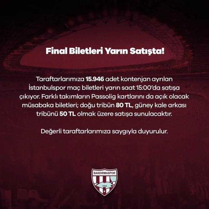 Bandırmaspor - İstanbulspor biletleri satışa sunuluyor
