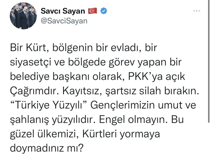 Başkan Sayan’dan PKK’ya çağrı: "Silahlarınızı bırakın"
