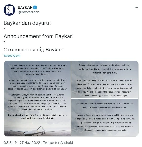 Baykar’dan Ukrayna’ya destek
