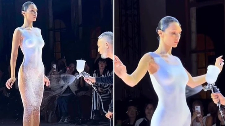 Bella Hadid podyuma yarı çıplak çıktı! Seyircilerin gözü önünde giydirdiler