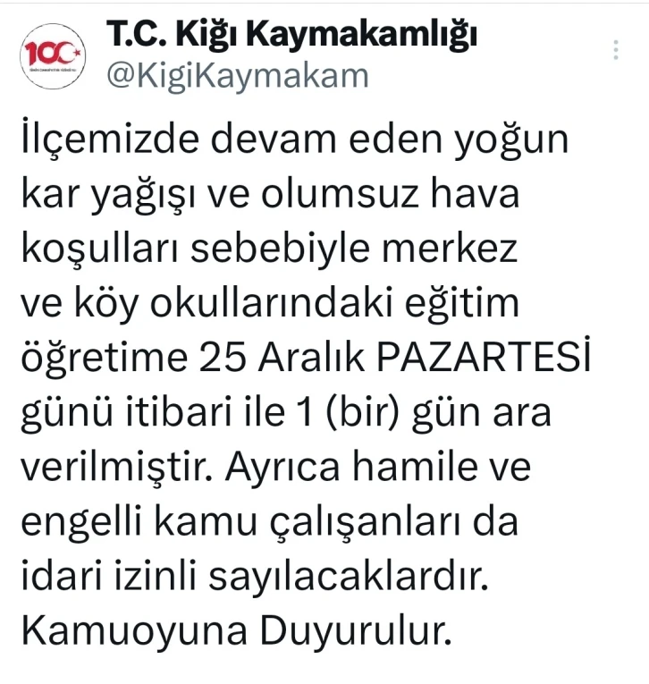 Bingöl’ün 4 ilçesinde taşımalı eğitime ara verildi
