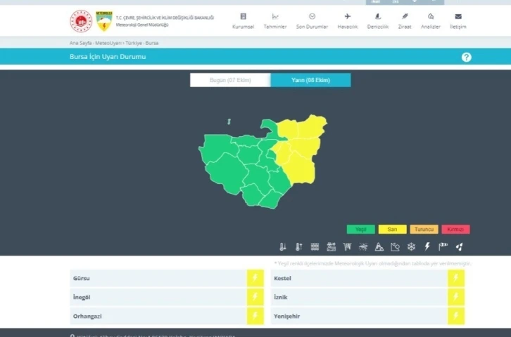 Bursa’da 6 ilçe için sarı uyarı

