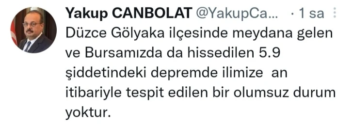 Bursa Valisi Canbolat: "Bursa’mızda da hissedilen 5.9 büyüklüğündeki depremde olumsuz bir durum yoktur"
