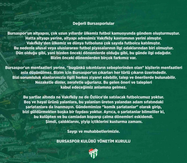 Bursaspor Kulübü: “Satılacak futbolcumuz yok"
