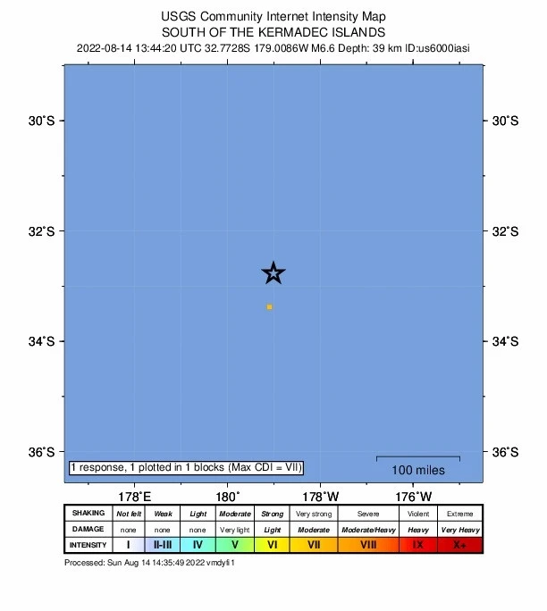 Büyük Okyanus’taki Kermadec Adaları açıklarında 6.6 büyüklüğünde deprem
