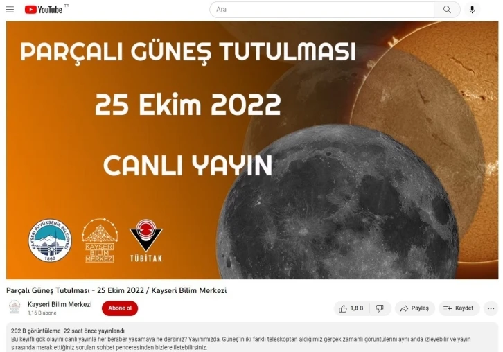 Büyükşehir’in parçalı güneş tutulması canlı yayınını 202 bin kişi izledi
