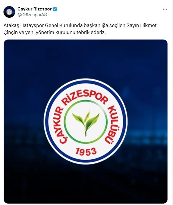 Çaykur Rizespor’dan Atakaş Hatayspor’un yeni başkanına tebrik mesajı
