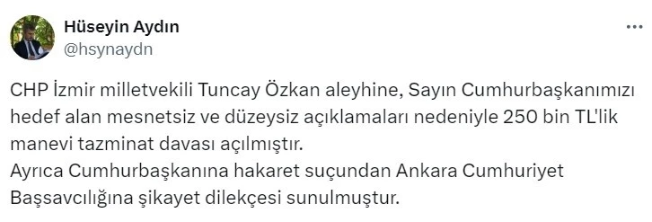 Cumhurbaşkanı Erdoğan’dan CHP İzmir Milletvekili Tuncay Özkan’a tazminat davası
