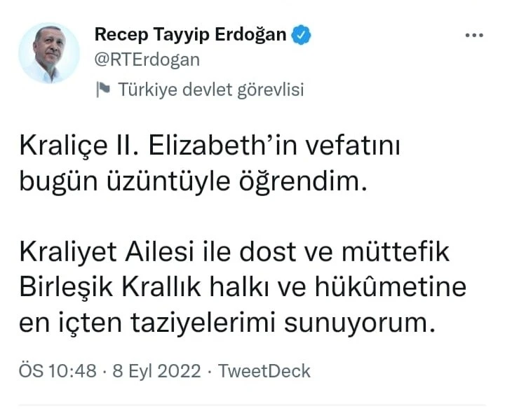 Cumhurbaşkanı Erdoğan, Kraliçe 2. Elizabeth için taziye mesajı yayımladı
