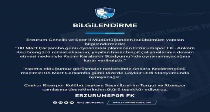 Depremden etkilenen stadyumda Ankara Keçiörengücü maçı oynanmayacak