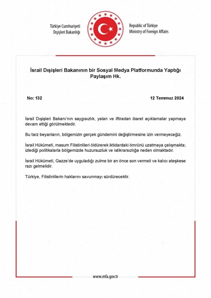 Dışişleri Bakanlığı’ndan İsrail Dışişleri Bakanına tepki
