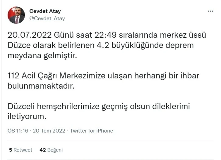 Düzce Valisi Atay: “(Depremde) Herhangi bir ihbar yok”
