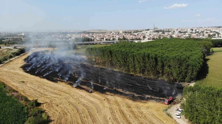 Edirne’de tarlada çıkan yangında 250 saman balyası küle döndü
