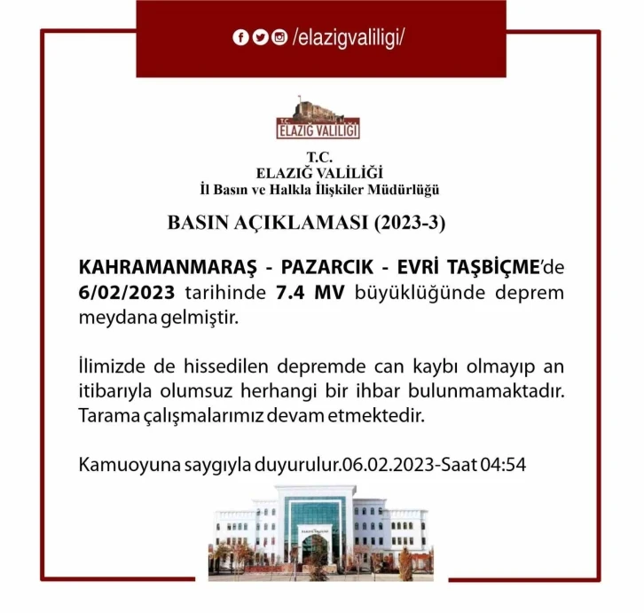 Elazığ Valisi Ömer Toraman: “Şu ana kadar ilimizde herhangi bir yıkım ihbarı almadık”
