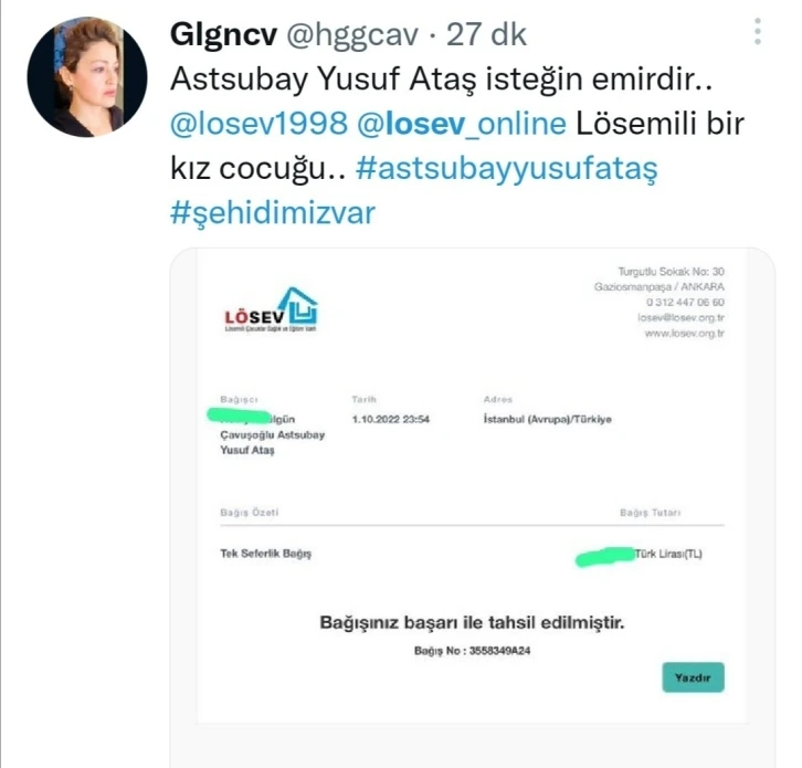 Elazığlı şehidin vasiyeti üzerine LÖSEV’e bağış yağdı
