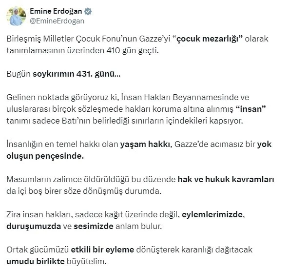 Emine Erdoğan’dan ’10 Aralık Dünya İnsan Hakları Günü’ paylaşımı
