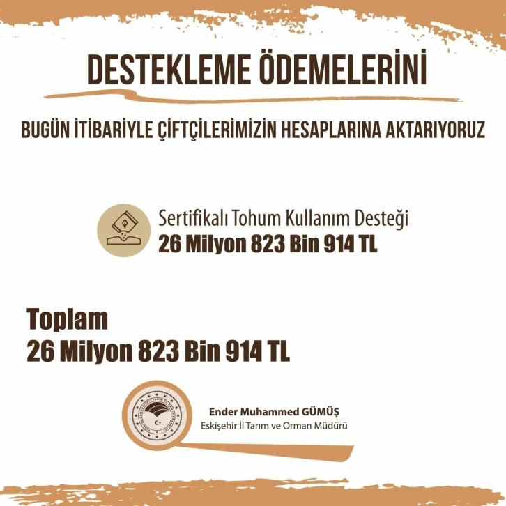 Eskişehir çiftçisine 26 milyon 823 bin liralık destek ödemesi
