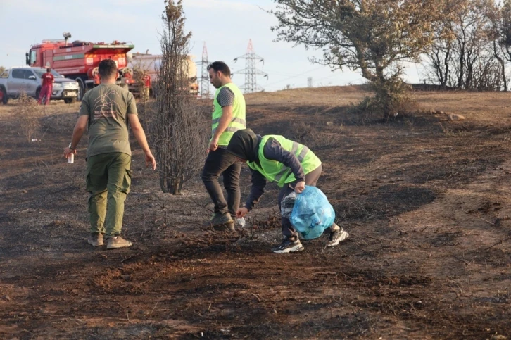 Gönüllüler, yanan ormanlık alandaki çöpleri topladı
