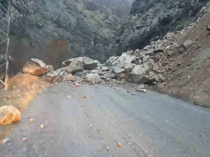 Hakkari’de dağdan kopan kayalar köy yolunu kapattı
