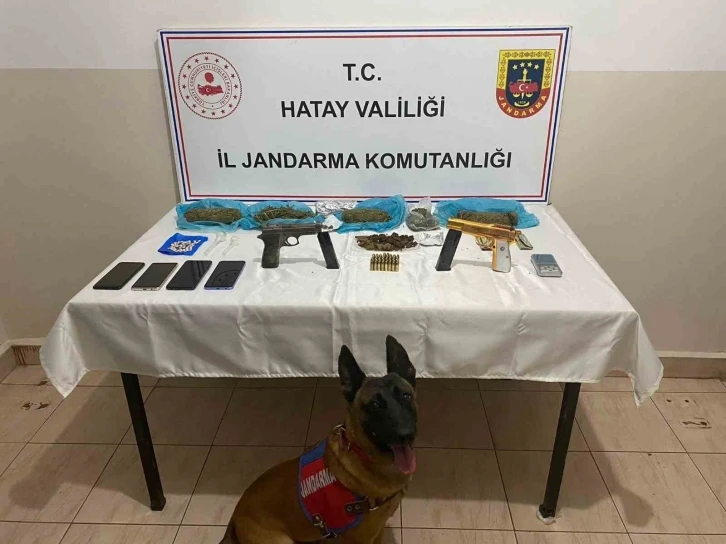 Hatay’da bir araçta yapılan aramada;2 tabanca ve 1 kilo 250 gram esrar ele geçirildi
