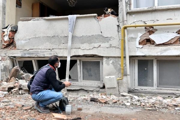 Hatay’da zarar tespit çalışması yapan ekip, gönüllü olarak sokak hayvanlarını besliyor