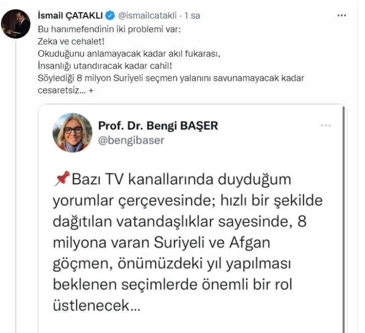 İçişleri Bakan Yardımcısı Çataklı’dan Başer’in iddialarına cevap: “Söylediği 8 milyon Suriyeli seçmen yalanını savunamayacak kadar cesaretsiz”
