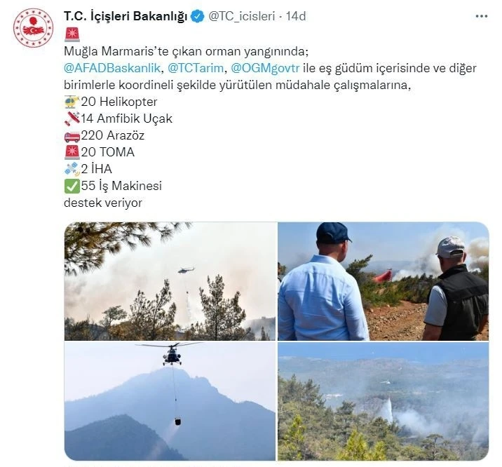 İçişleri Bakanlığı: “Marmaris’teki yangına 20 helikopter, 14 amfibik uçak, 220 arazöz ve 2 İHA destek veriyor”
