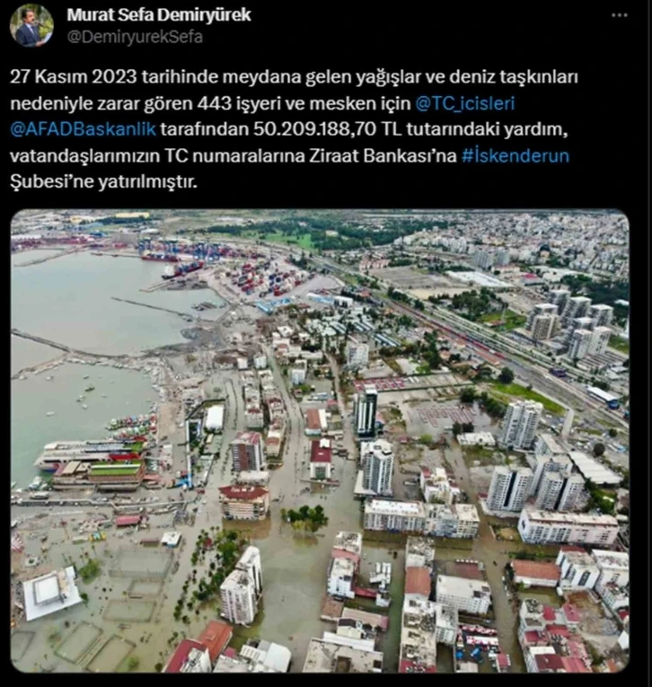 İskenderun’da deniz taşkınından zarar gören vatandaşların yardımları hesaplarına yatırıldı
