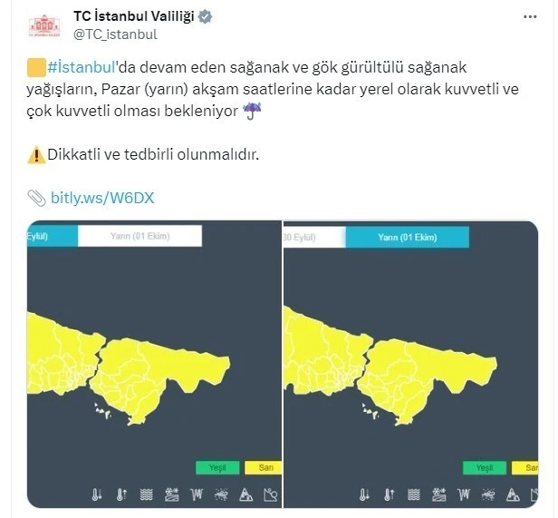 İstanbul Valiliğinden sarı kodlu uyarı
